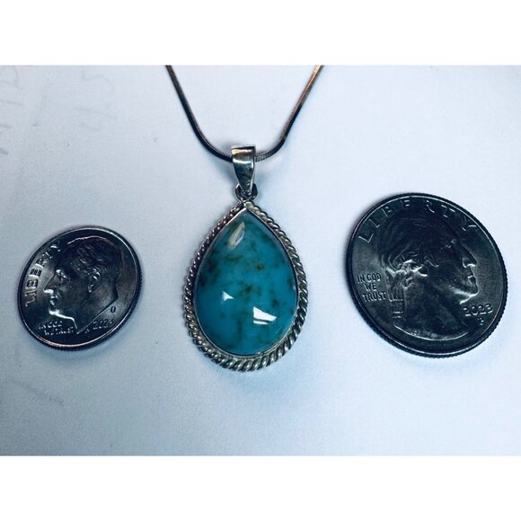 Vintage 925 Sterling Silver Turquoise Teardrop Pendant Necklace 20” Estate - Picture 5 of 10